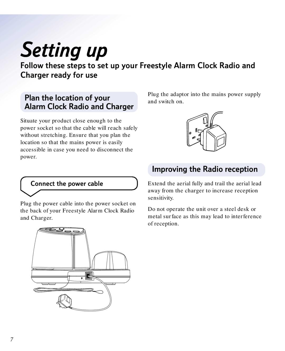 BT ALARM CLOCK RADIO manual Setting up, Improving the Radio reception, Connect the power cable 