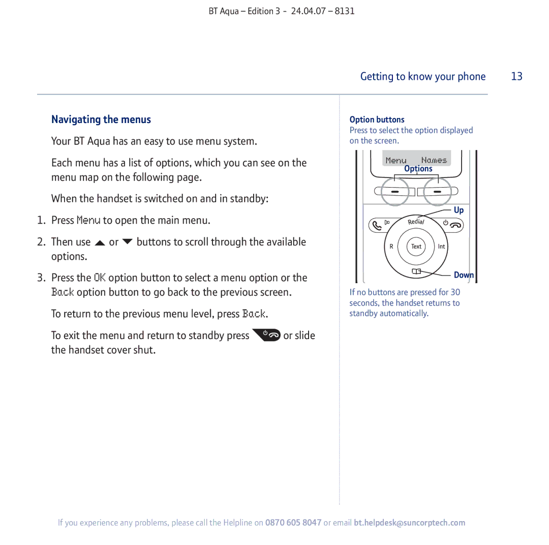 BT Aqua Cordless Telephone manual Navigating the menus, Option buttons, Options Down 