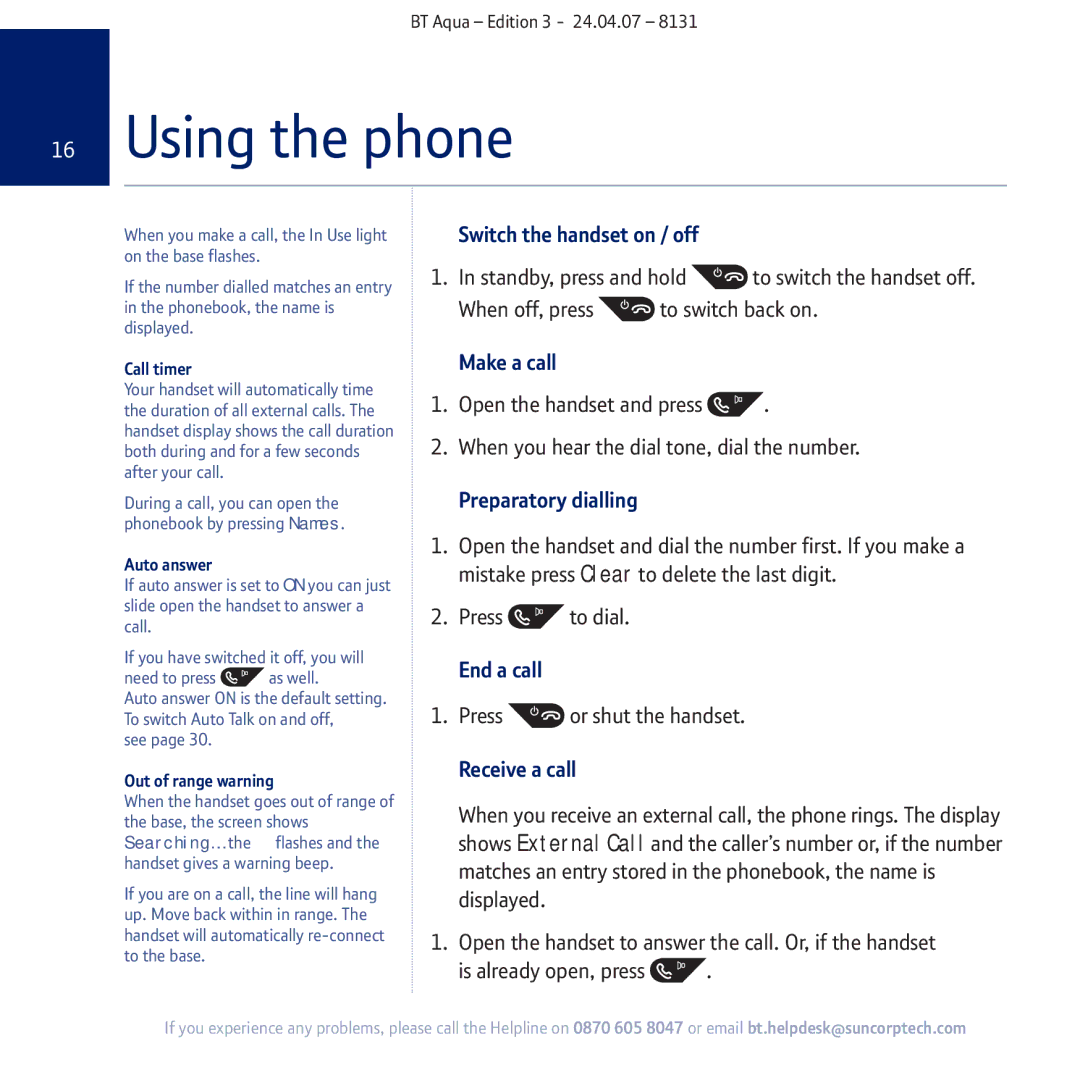 BT Aqua Cordless Telephone manual Using the phone 