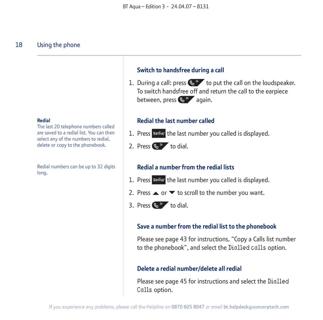 BT Aqua Cordless Telephone manual Switch to handsfree during a call, Redial the last number called 