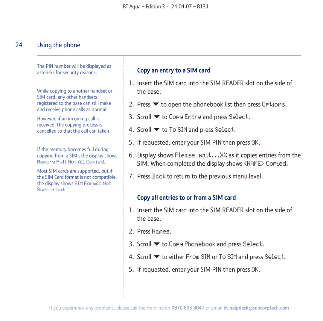 BT Aqua Cordless Telephone To Copy Entry and press Select, To Copy Phonebook and press Select, Copy an entry to a SIM card 