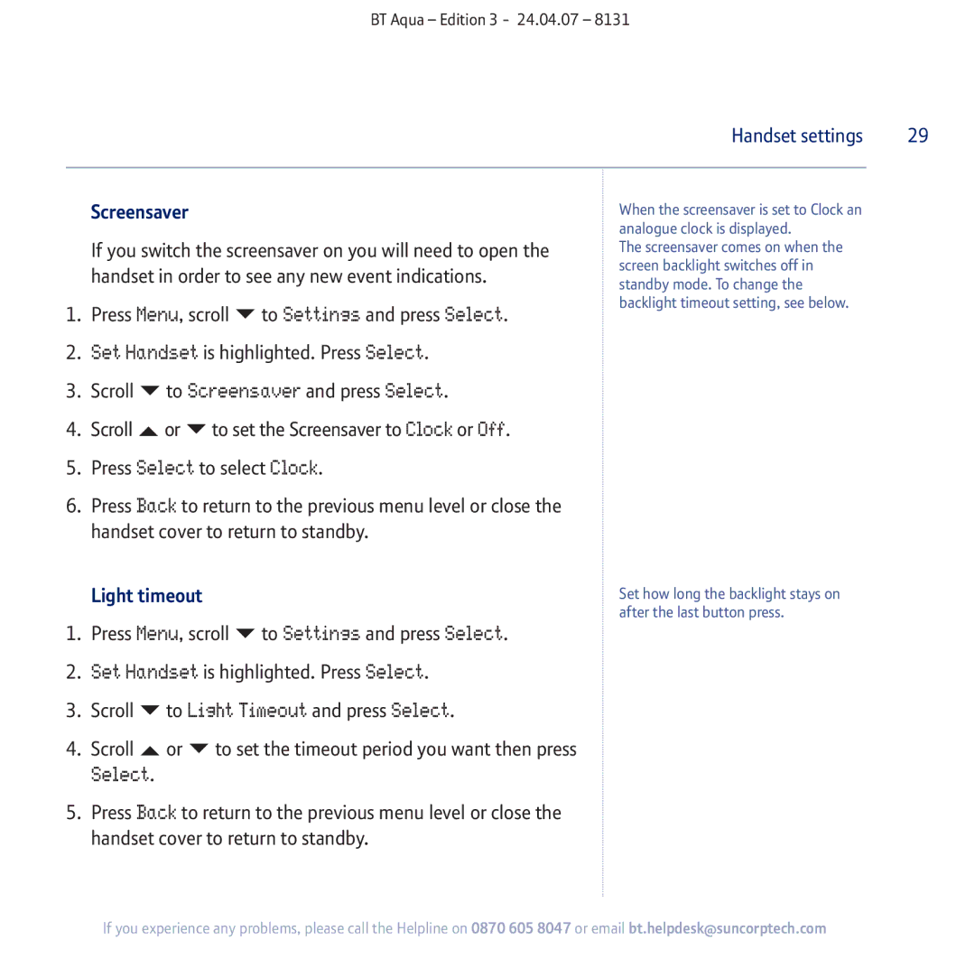 BT Aqua Cordless Telephone manual To Screensaver and press Select, To Light Timeout and press Select 