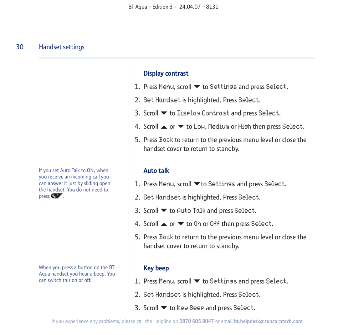 BT Aqua Cordless Telephone manual To Display Contrast and press Select, To Auto Talk and press Select, Display contrast 