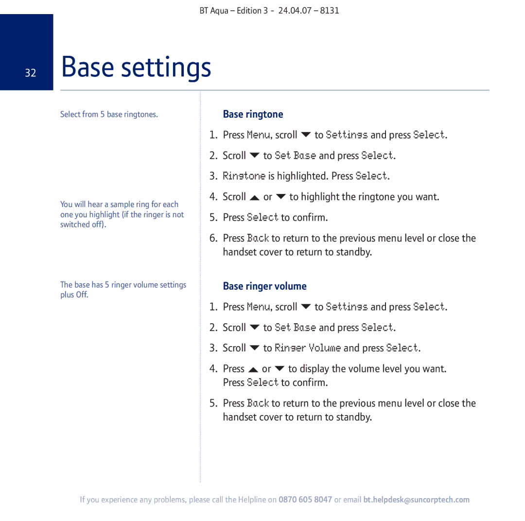 BT Aqua Cordless Telephone manual Base settings, To Set Base and press Select 