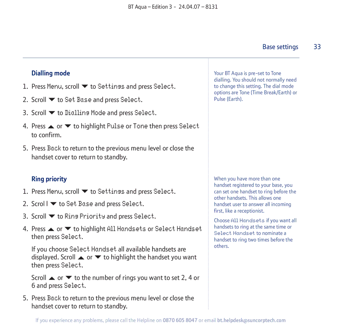 BT Aqua Cordless Telephone manual Settings Select, To Dialling Mode and press Select, To Ring Priority and press Select 