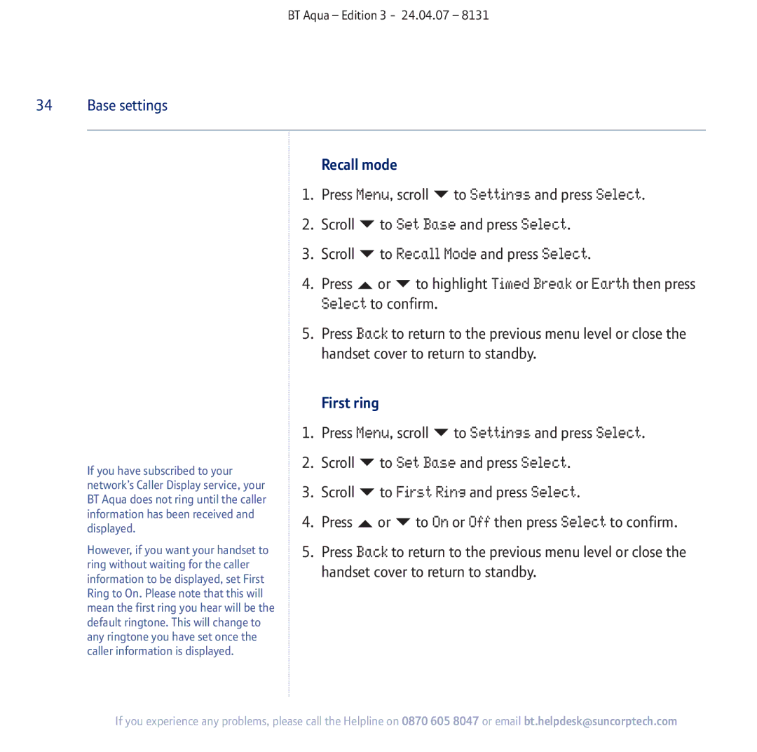 BT Aqua Cordless Telephone manual To Recall Mode and press Select, To First Ring and press Select, Recall mode, First ring 