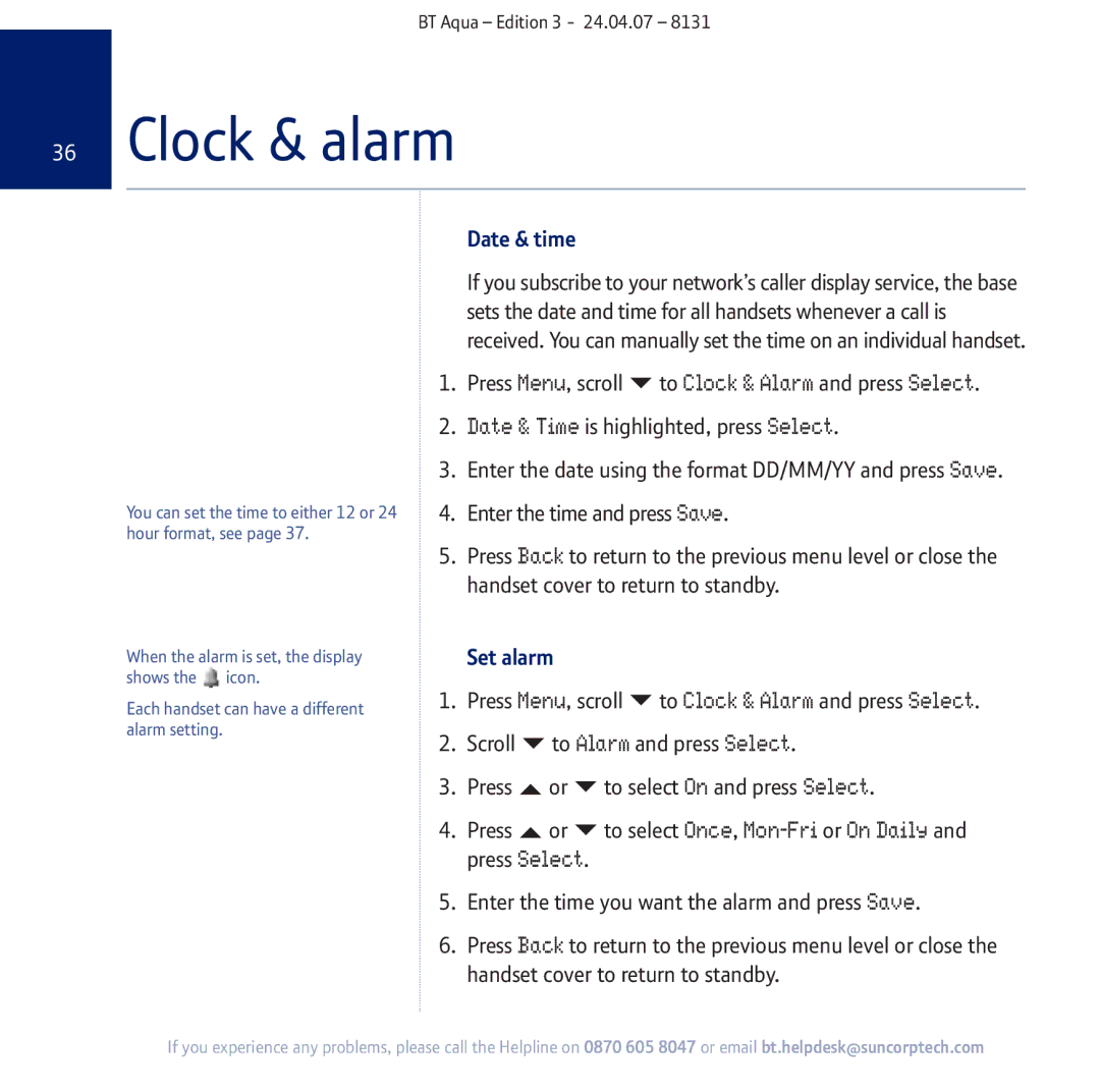 BT Aqua Cordless Telephone manual Clock & alarm, Date & time, To Clock & Alarm and press Select, Set alarm 