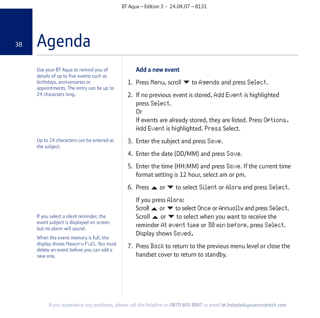 BT Aqua Cordless Telephone manual Agenda, Add a new event, If you press Alarm 