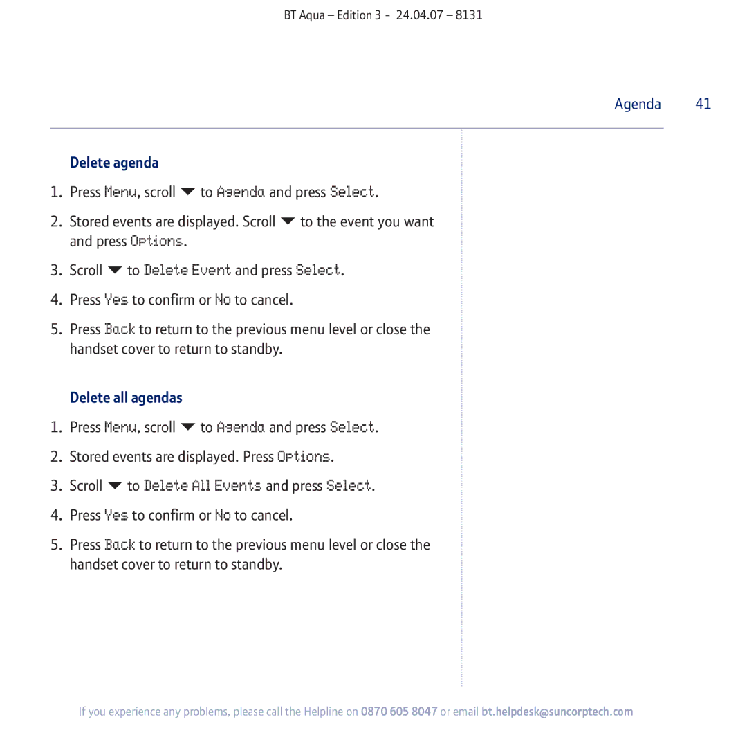 BT Aqua Cordless Telephone manual To Delete Event and press Select, Delete agenda, Delete all agendas 