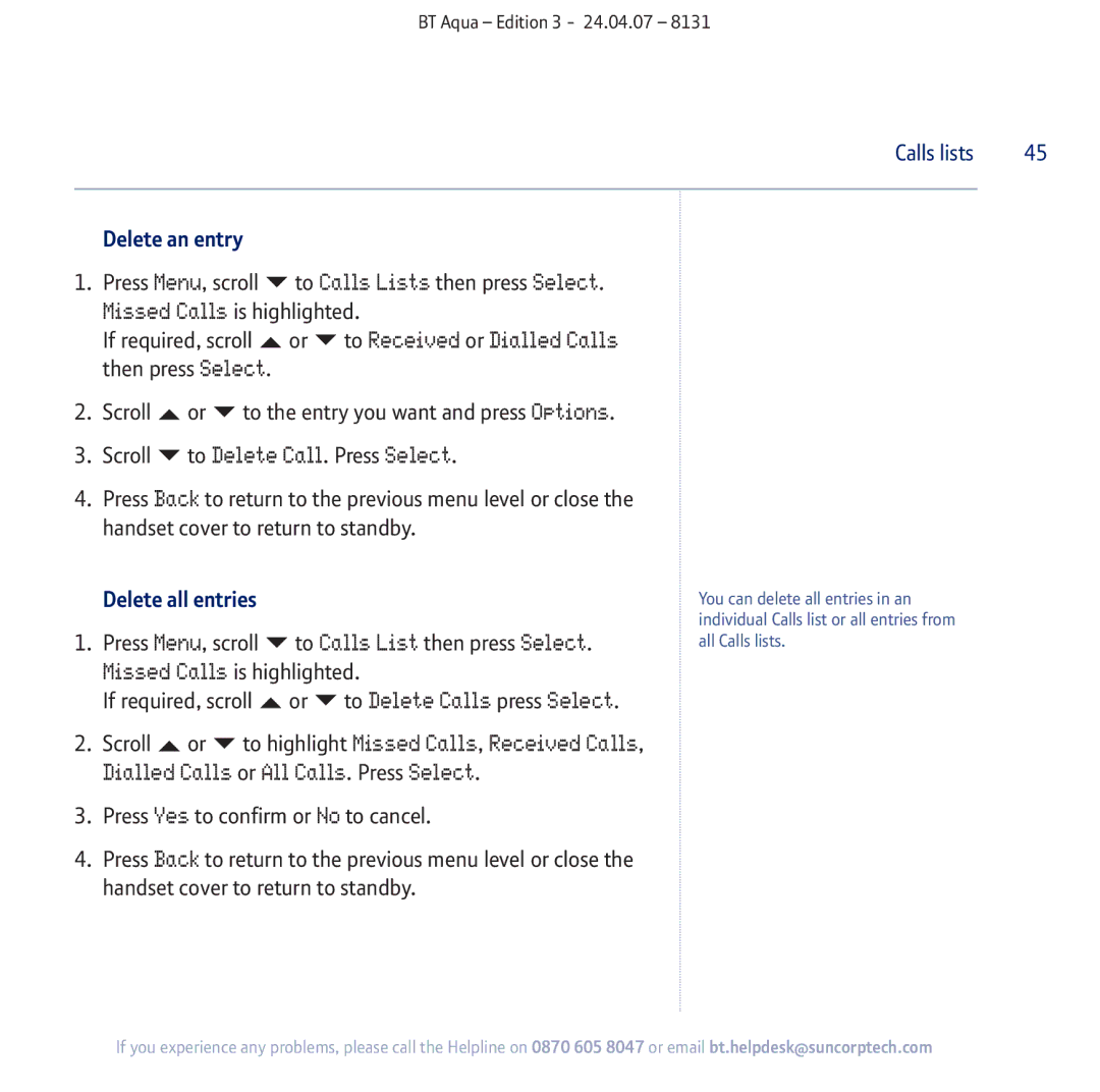 BT Aqua Cordless Telephone manual To Delete Call. Press Select, To Delete Calls press Select, Delete all entries 