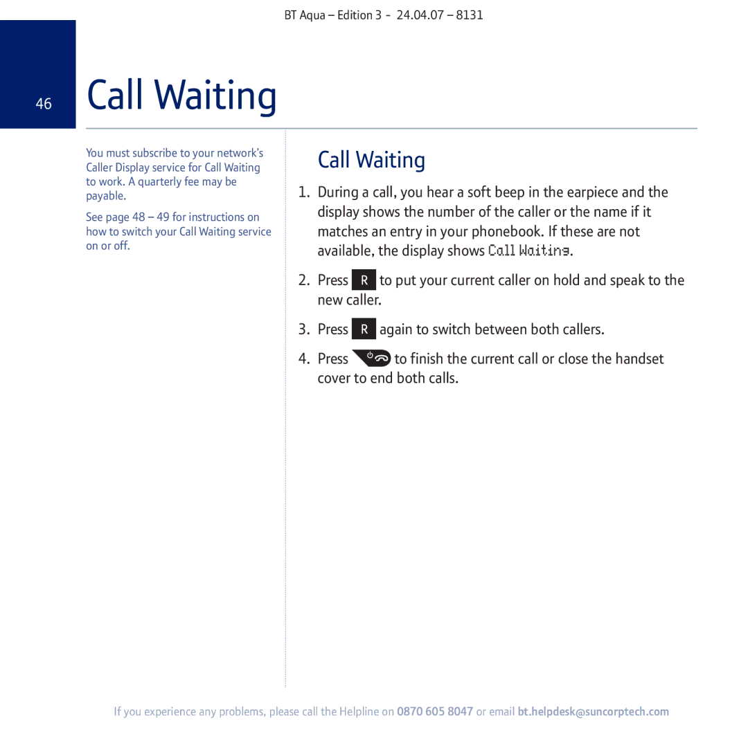 BT Aqua Cordless Telephone manual Call Waiting 