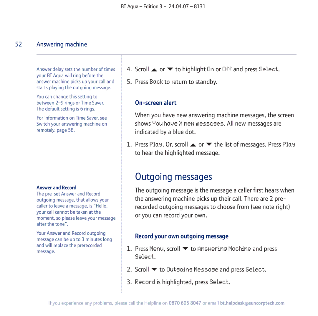 BT Aqua Cordless Telephone manual Outgoing messages, To Outgoing Message and press Select, On-screen alert 