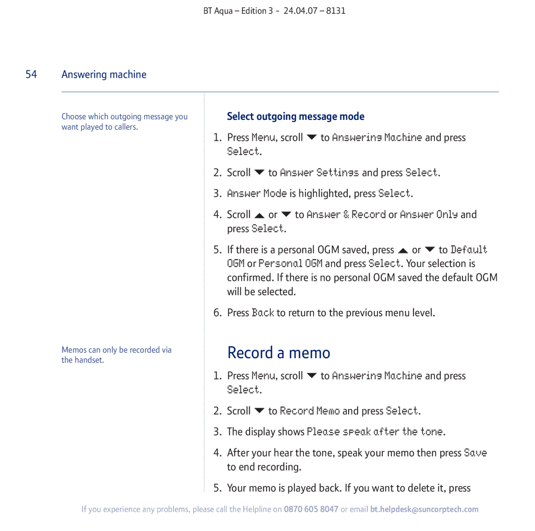 BT Aqua Cordless Telephone manual Record a memo, To Default, Select outgoing message mode 