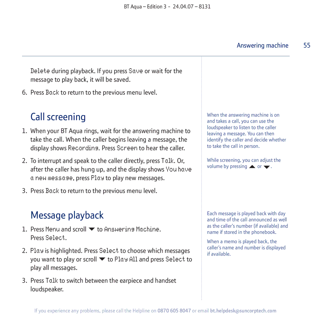 BT Aqua Cordless Telephone manual Call screening, Message playback 