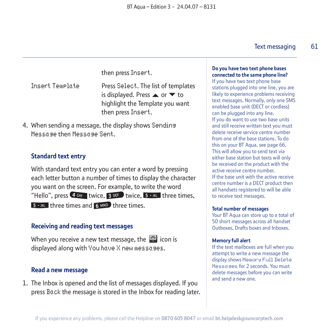 BT Aqua Cordless Telephone manual Insert Template, Message then Message Sent, Receiving and reading text messages 