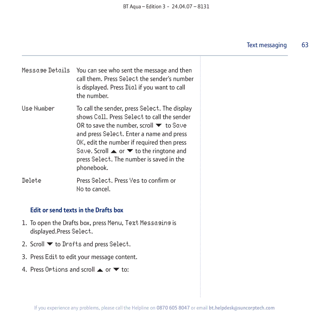 BT Aqua Cordless Telephone manual Use Number, To Save, Edit or send texts in the Drafts box 