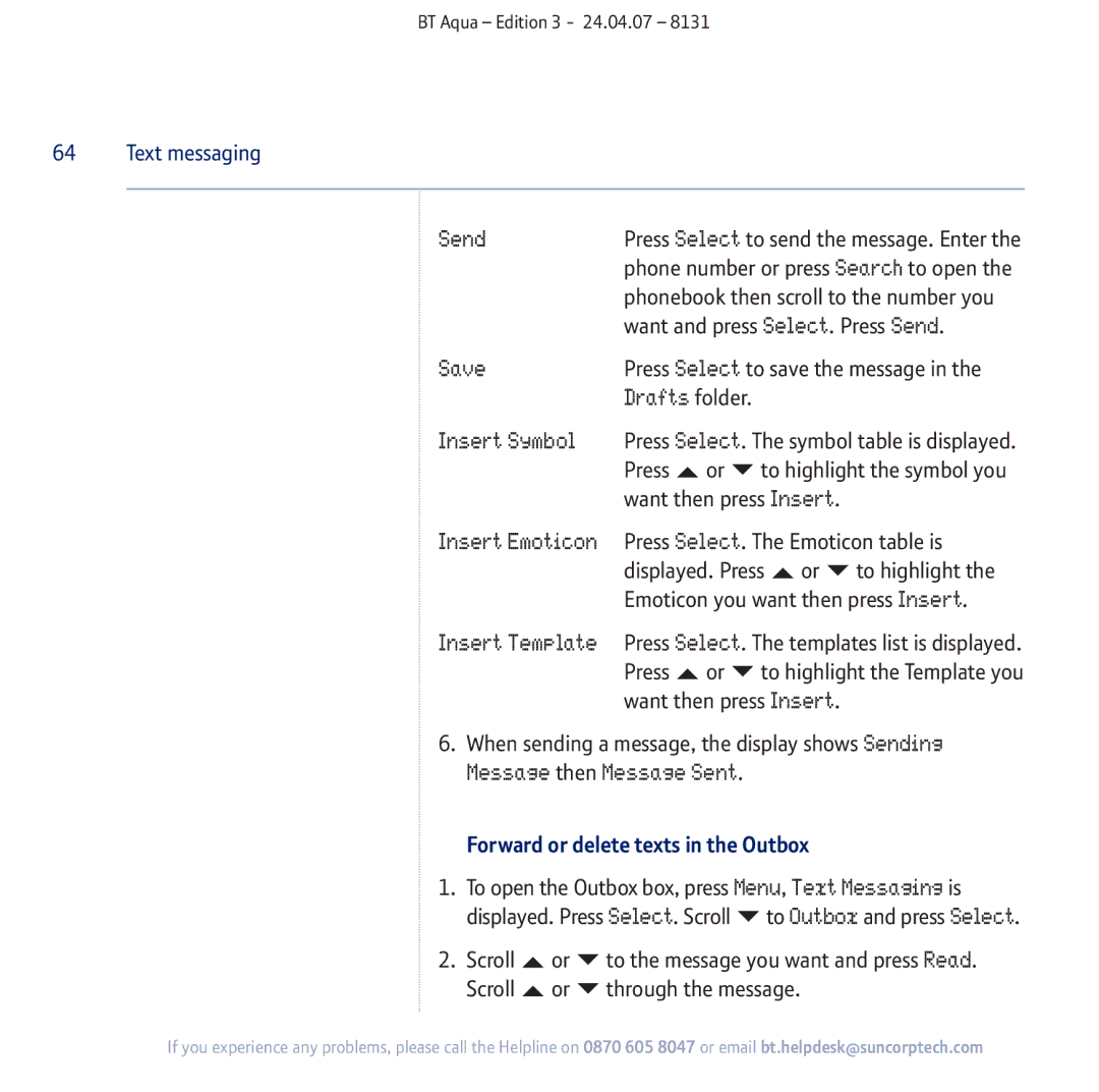 BT Aqua Cordless Telephone manual Send, Drafts folder Insert Symbol, Forward or delete texts in the Outbox 