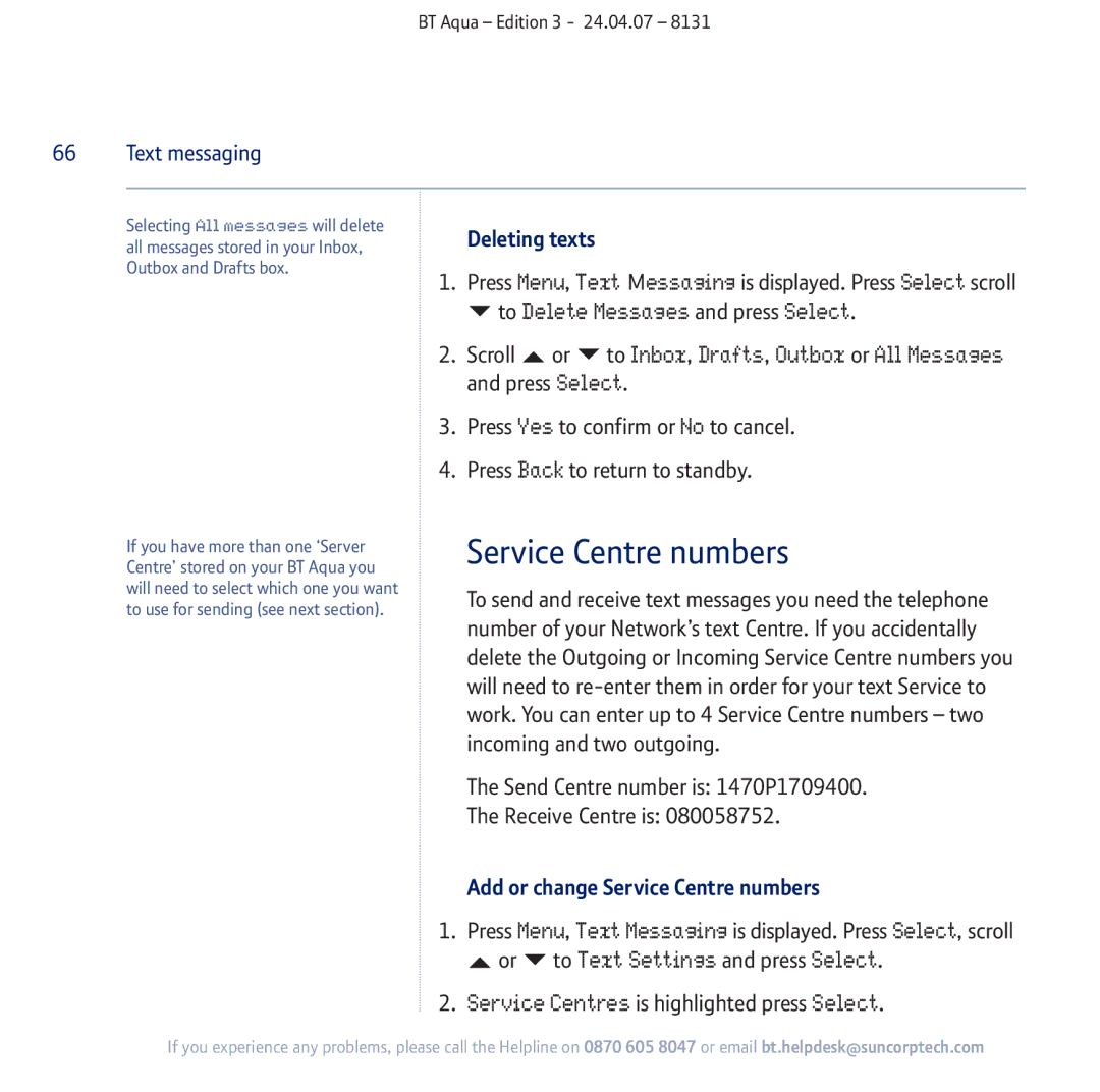 BT Aqua Cordless Telephone manual Service Centre numbers, Scroll or to Inbox, Drafts, Outbox or All Messages 