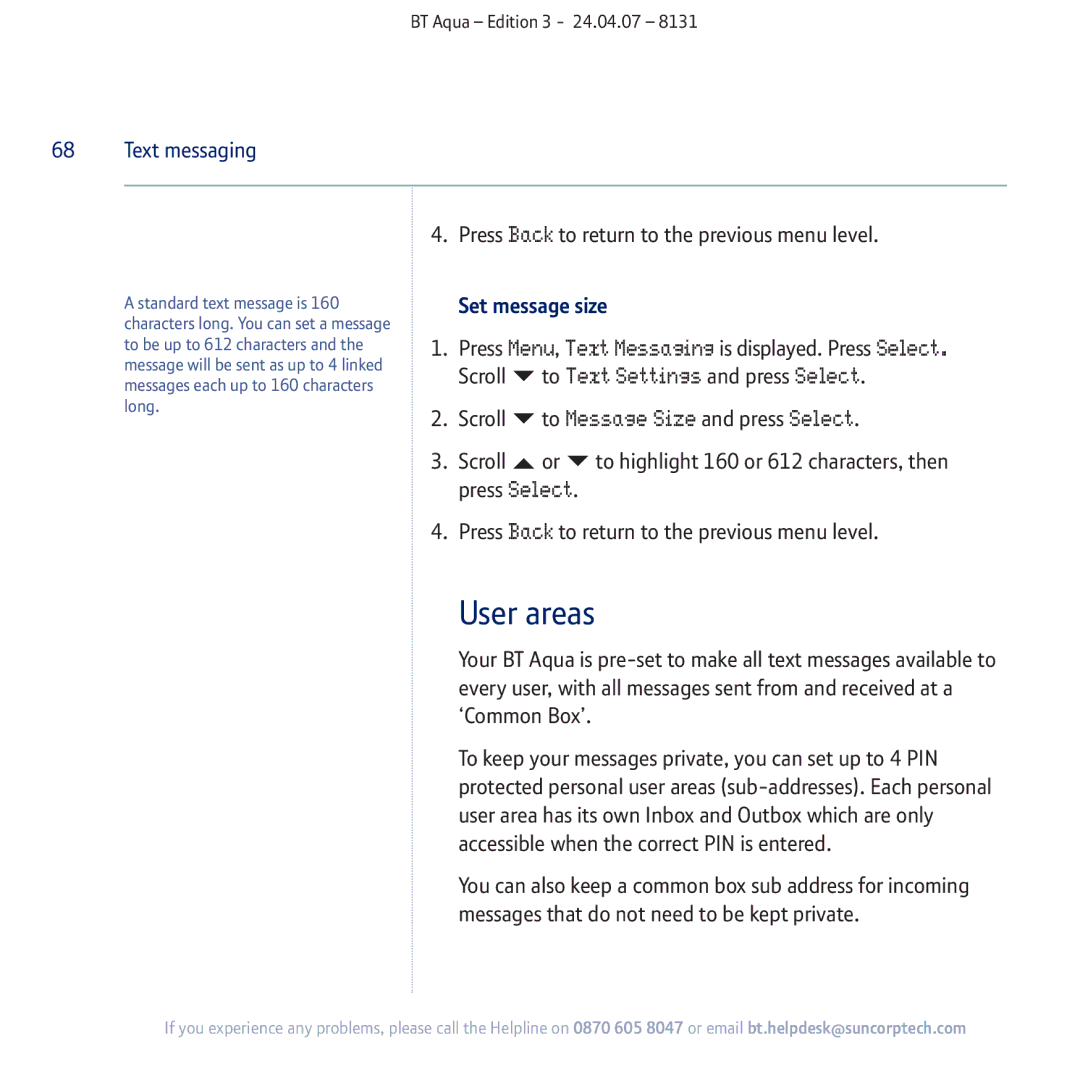 BT Aqua Cordless Telephone manual User areas, To Message Size and press Select, Set message size 