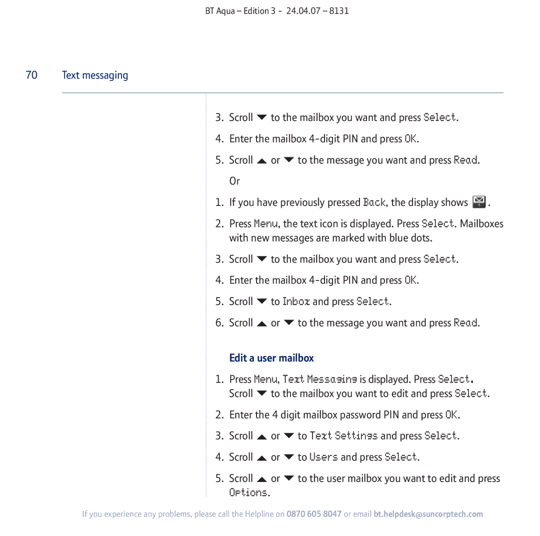 BT Aqua Cordless Telephone manual Edit a user mailbox, Scroll To Users and press Select 