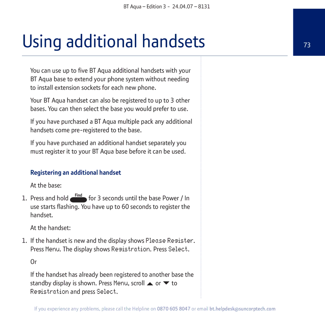 BT Aqua Cordless Telephone Using additional handsets, Registration and press Select, Registering an additional handset 