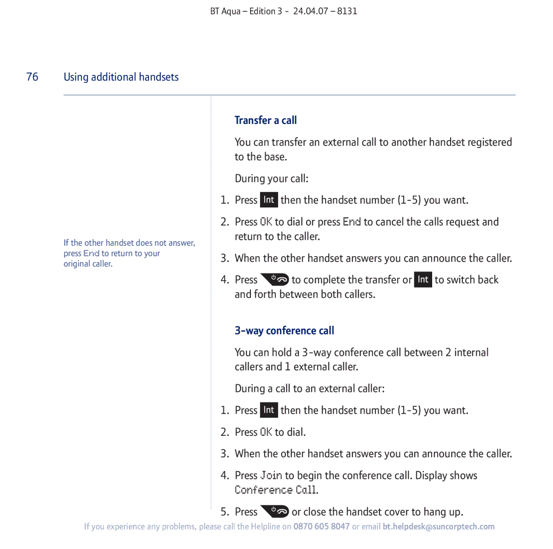 BT Aqua Cordless Telephone manual Conference Call, Transfer a call, Way conference call 
