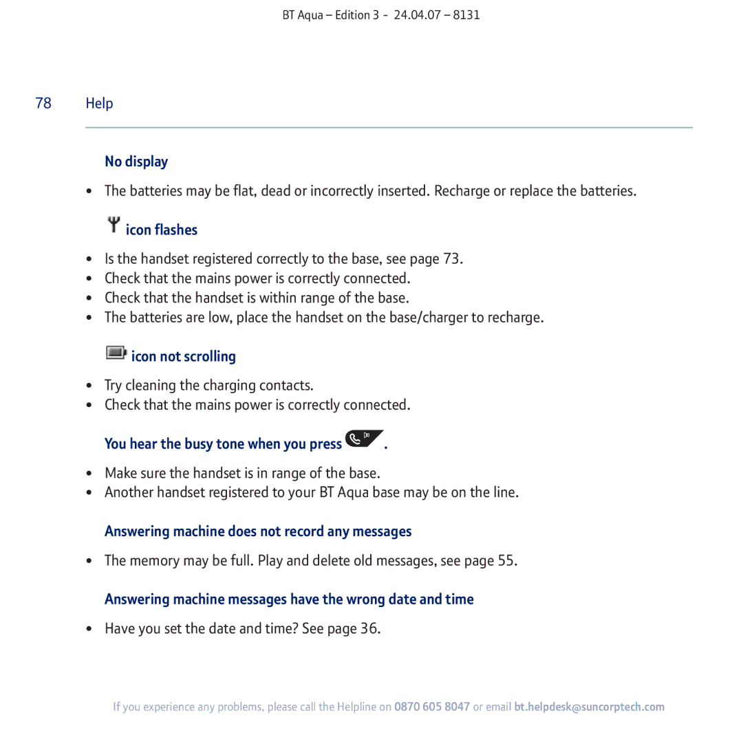 BT Aqua Cordless Telephone No display, Icon flashes, Icon not scrolling, Answering machine does not record any messages 