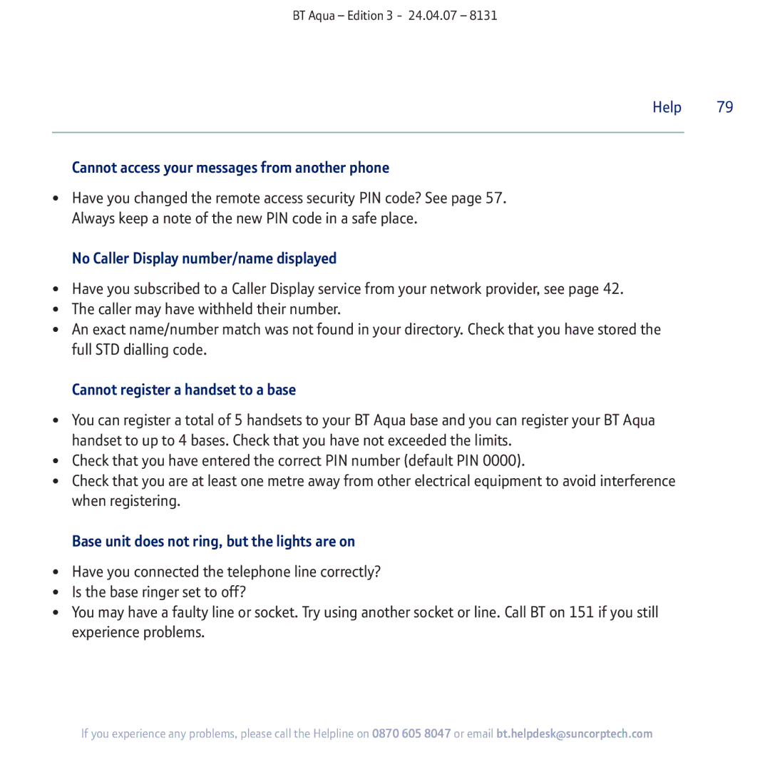 BT Aqua Cordless Telephone manual Cannot access your messages from another phone, No Caller Display number/name displayed 