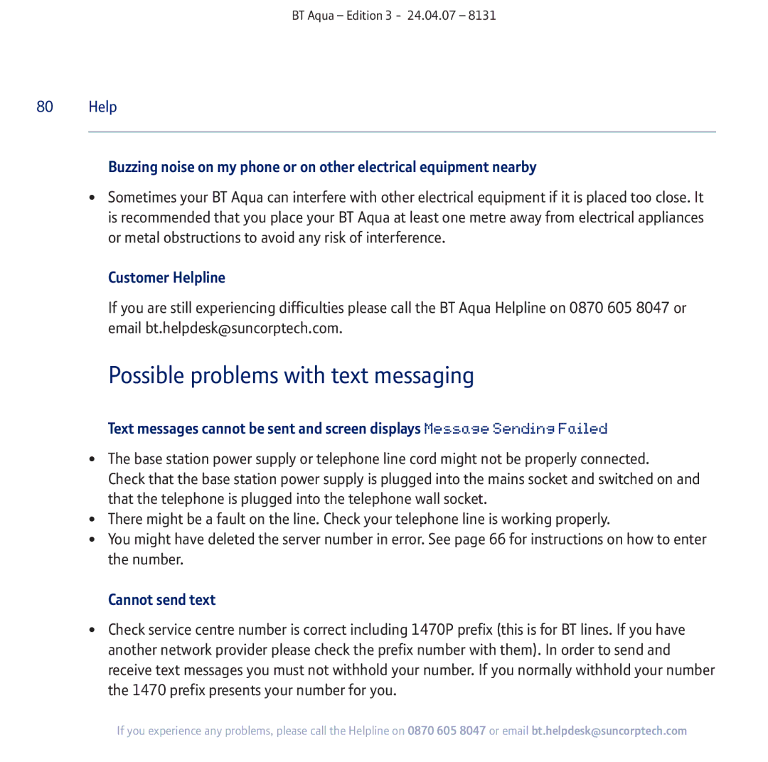 BT Aqua Cordless Telephone manual Possible problems with text messaging, Customer Helpline, Cannot send text 