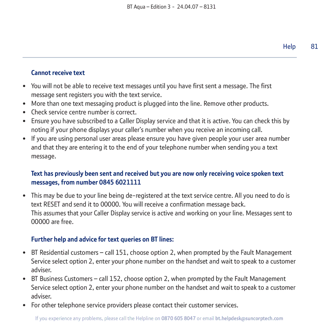 BT Aqua Cordless Telephone manual Cannot receive text, Further help and advice for text queries on BT lines 