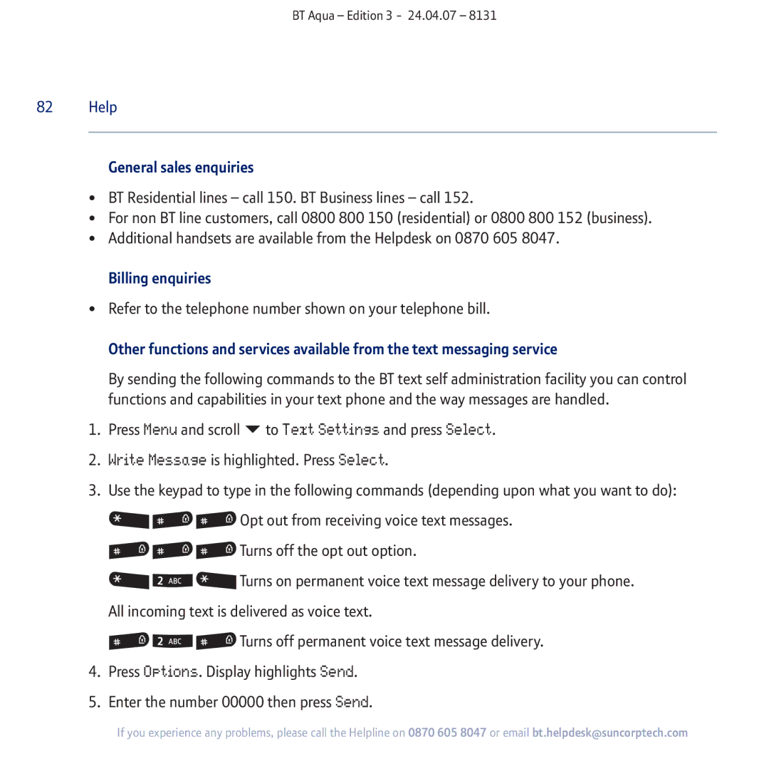 BT Aqua Cordless Telephone manual General sales enquiries, Billing enquiries 