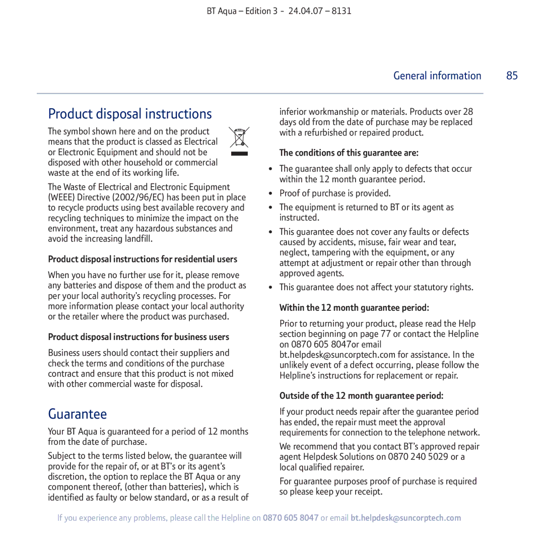 BT Aqua Cordless Telephone manual Product disposal instructions 