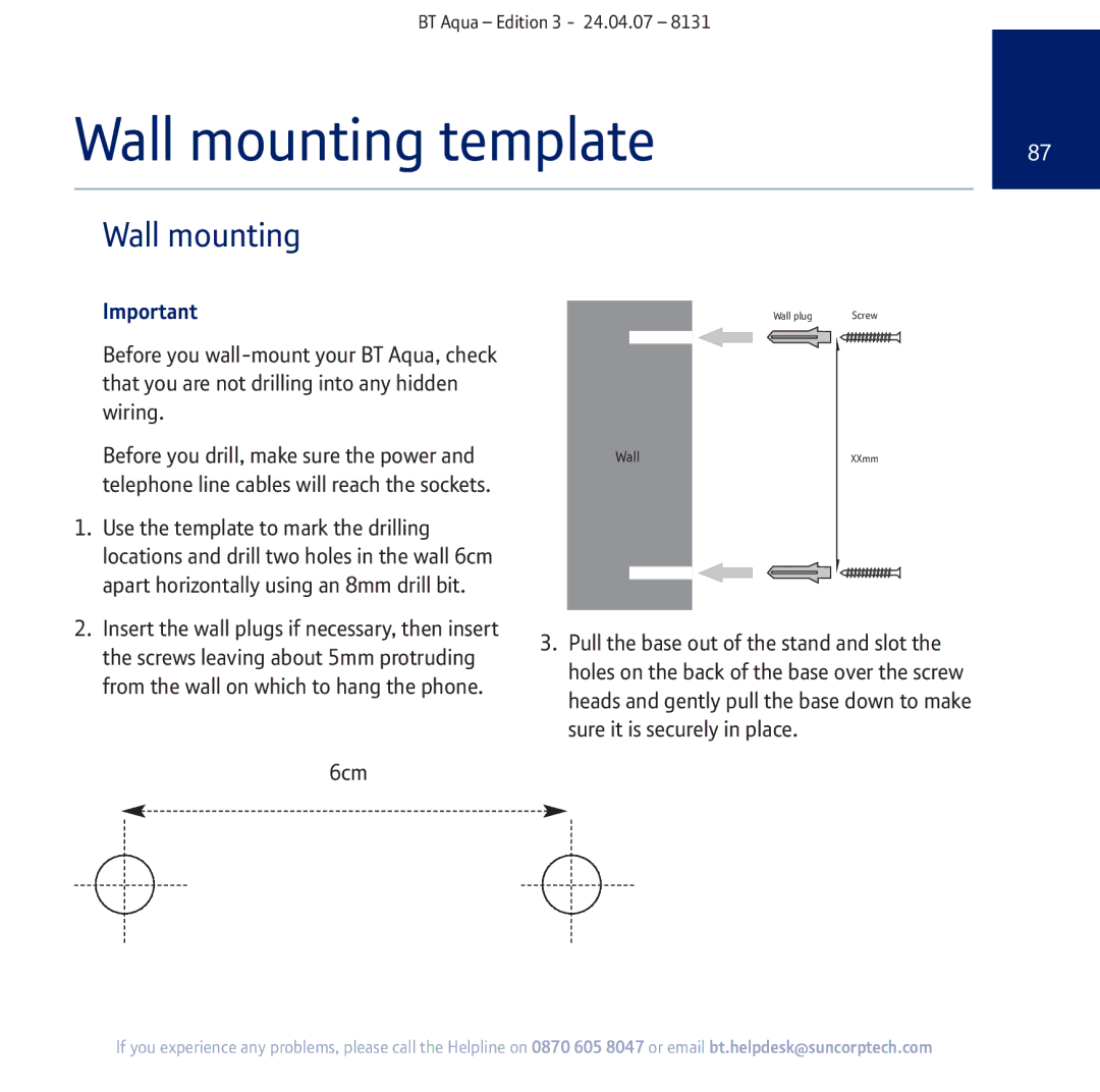 BT Aqua Cordless Telephone manual Wall mounting template, 6cm 