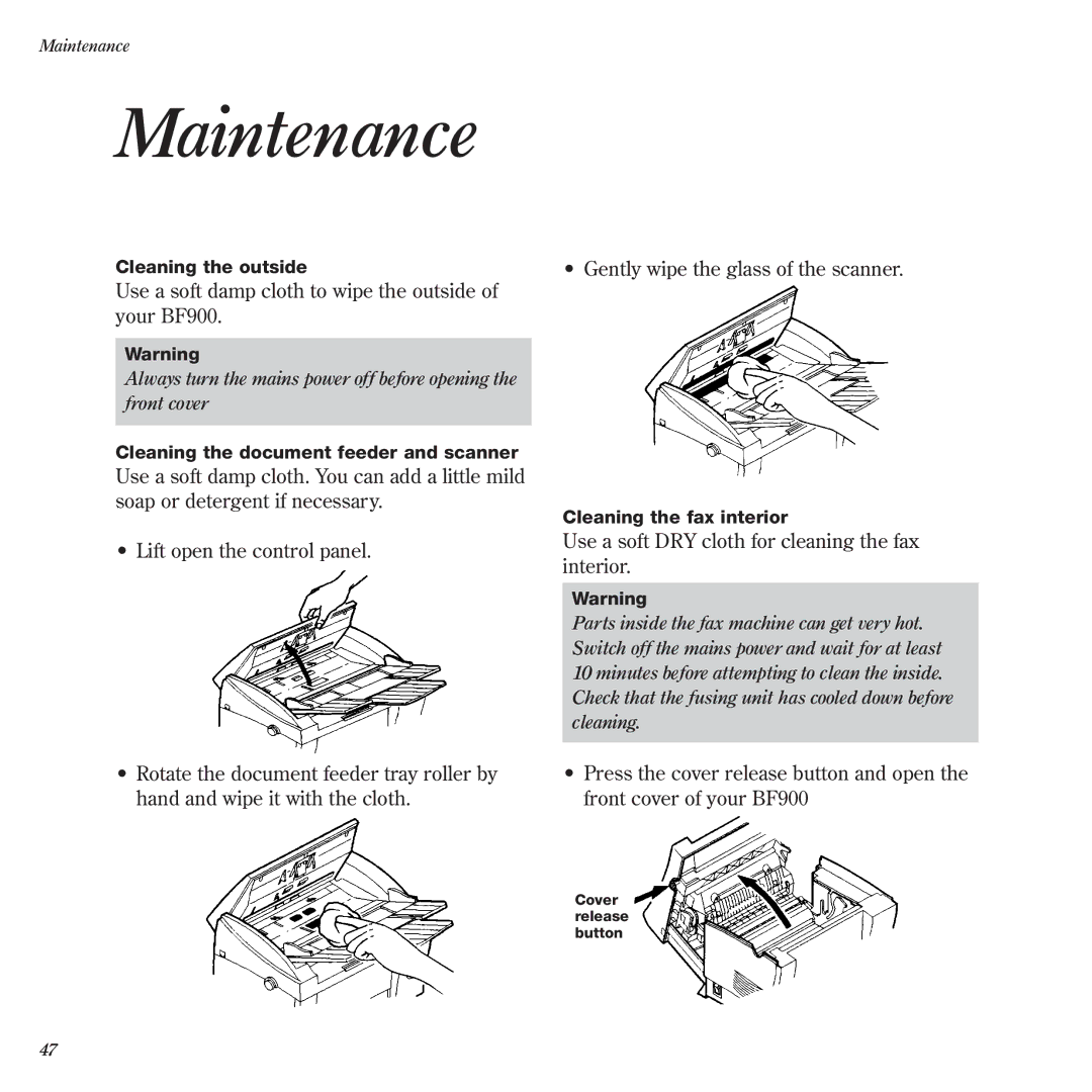 BT manual Maintenance, Use a soft damp cloth to wipe the outside of your BF900 