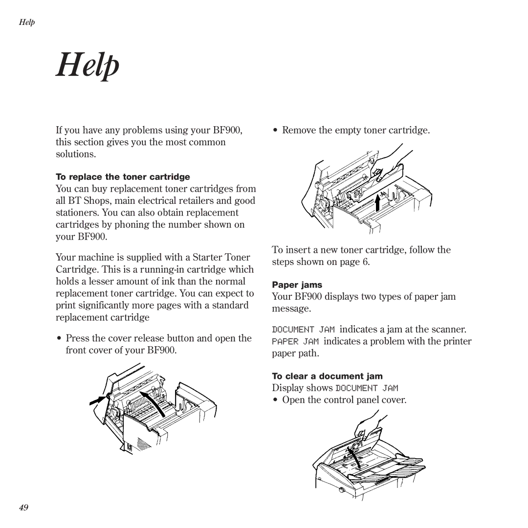 BT BF900 manual Help, Display shows Document JAM Open the control panel cover 