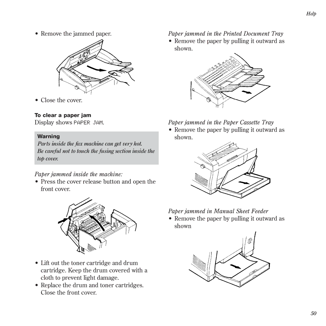 BT BF900 Paper jammed inside the machine, Paper jammed in the Printed Document Tray, Paper jammed in Manual Sheet Feeder 