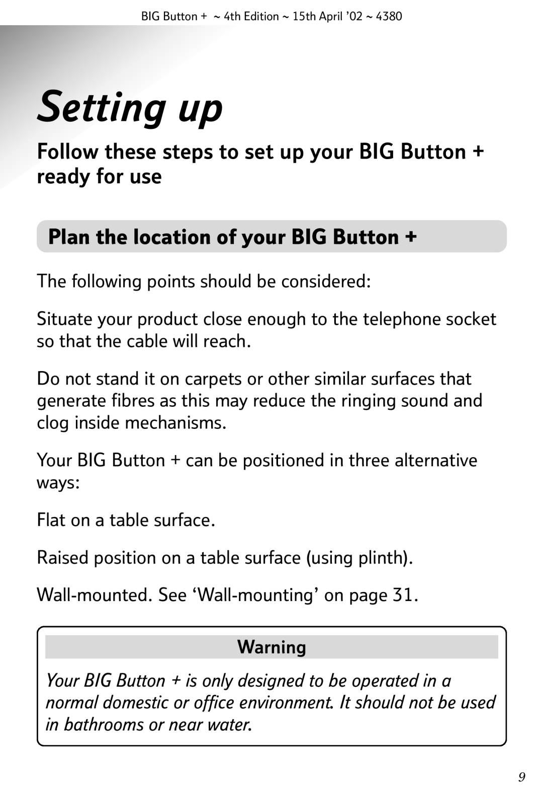 BT manual Setting up, Plan the location of your BIG Button + 