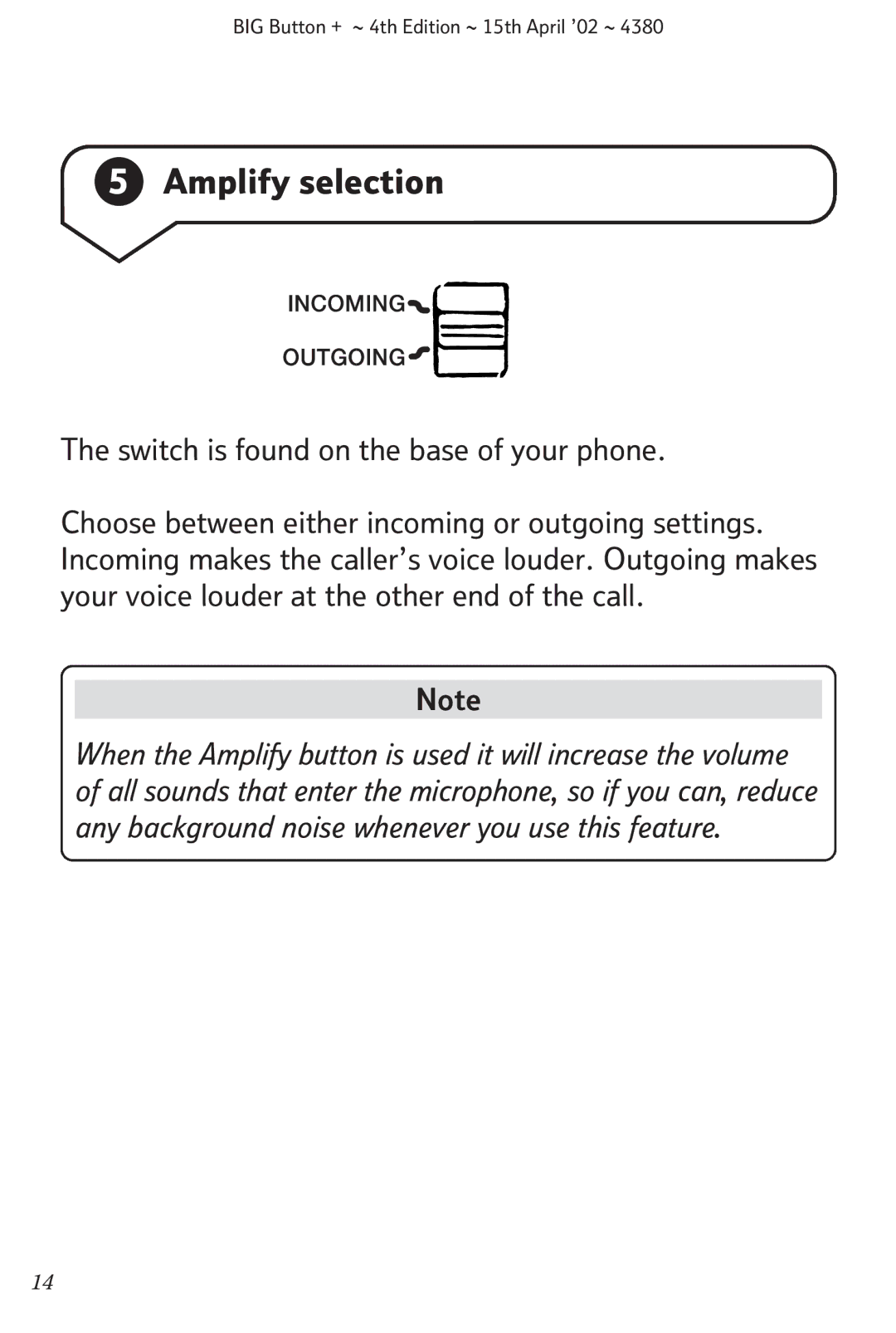 BT BIG Button + manual Amplify selection, Switch is found on the base of your phone 