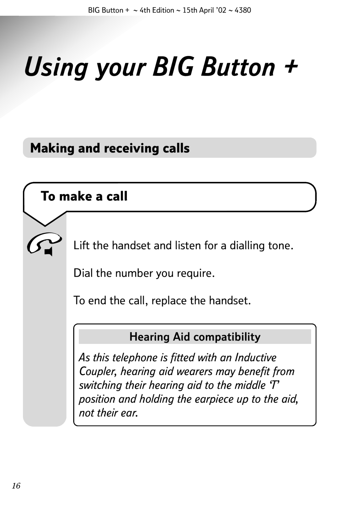 BT manual Using your BIG Button +, Making and receiving calls To make a call 