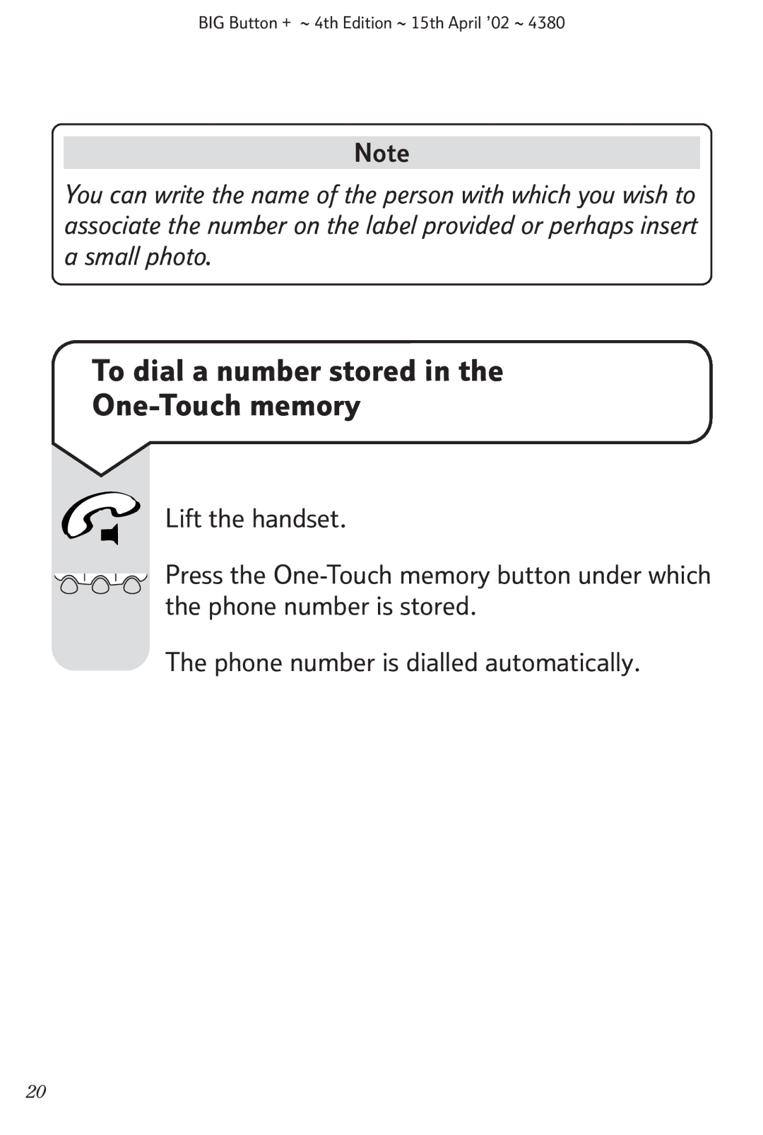 BT BIG Button + manual To dial a number stored One-Touch memory 