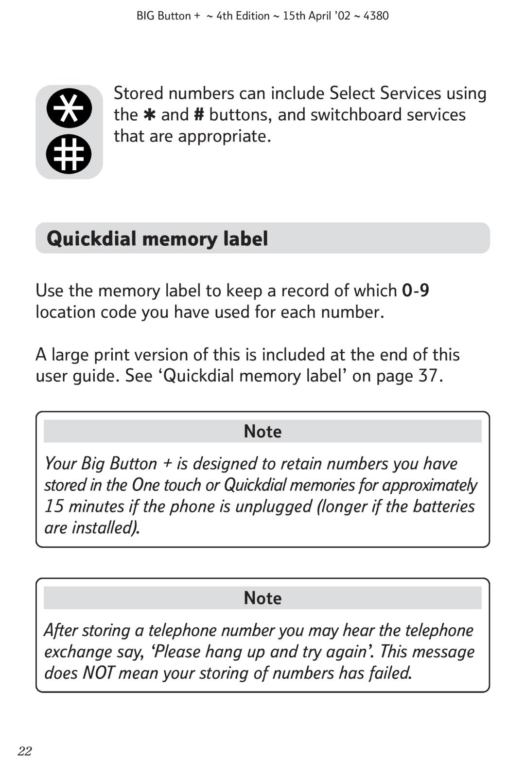 BT BIG Button + manual Quickdial memory label 