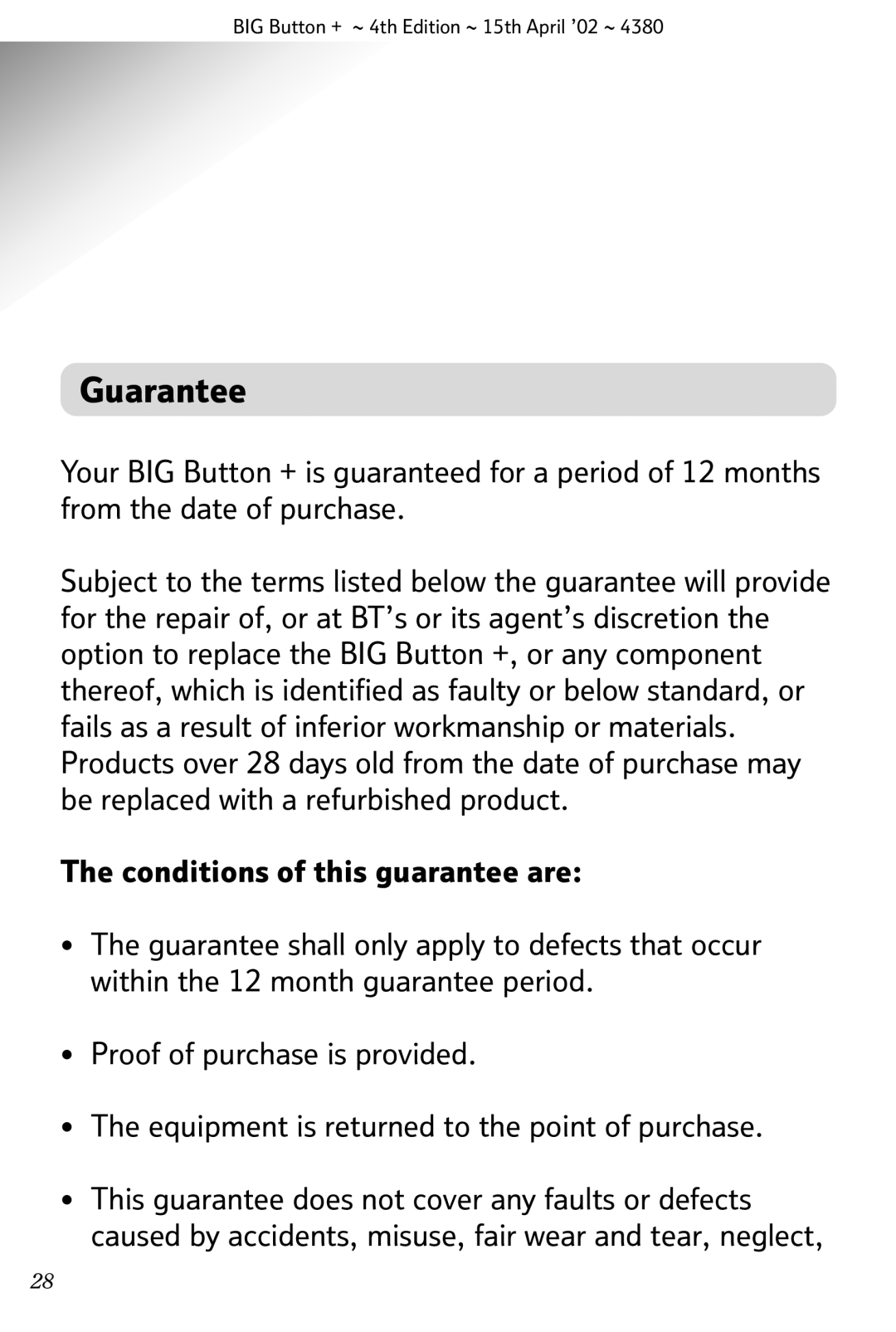 BT BIG Button + manual General information, Guarantee 