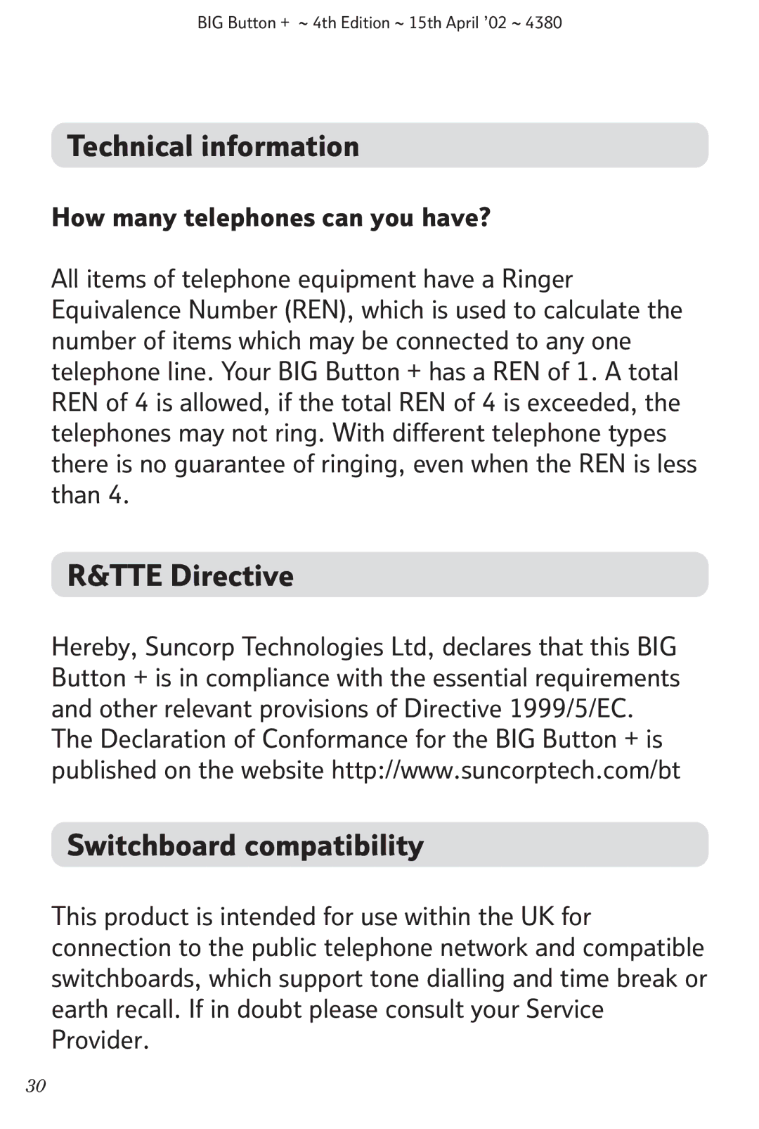 BT BIG Button + manual Technical information, TTE Directive Switchboard compatibility, How many telephones can you have? 