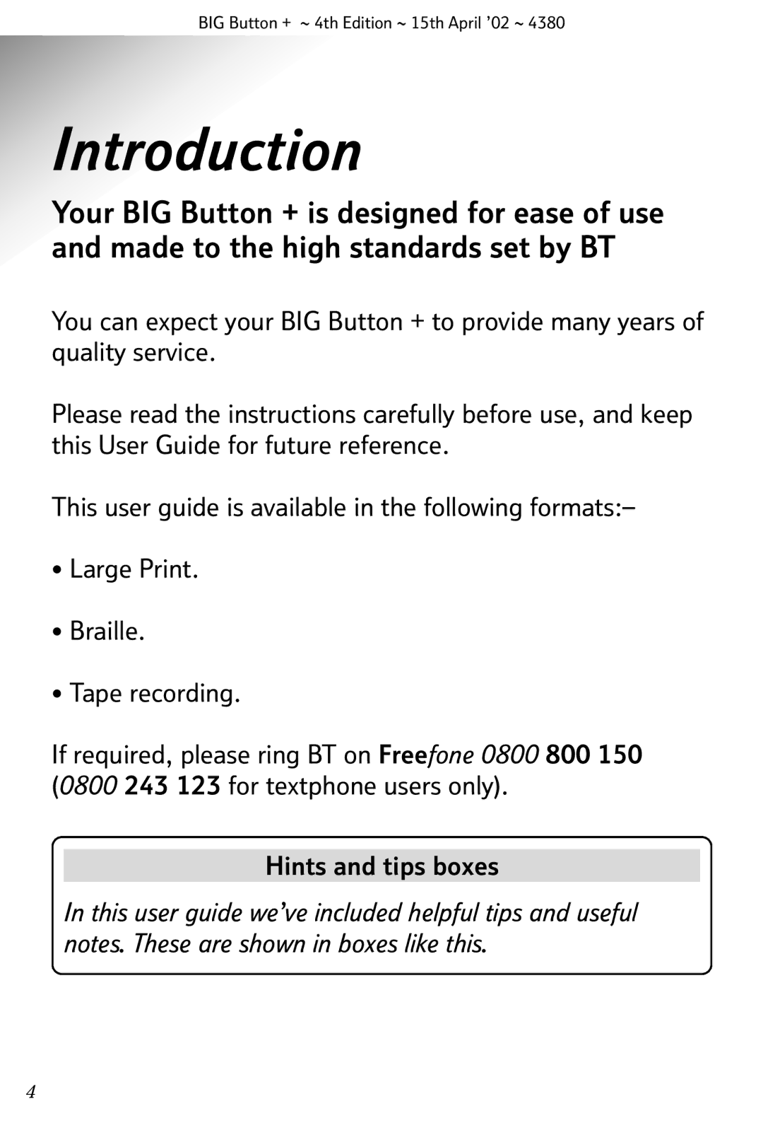 BT BIG Button + manual Introduction, Hints and tips boxes 