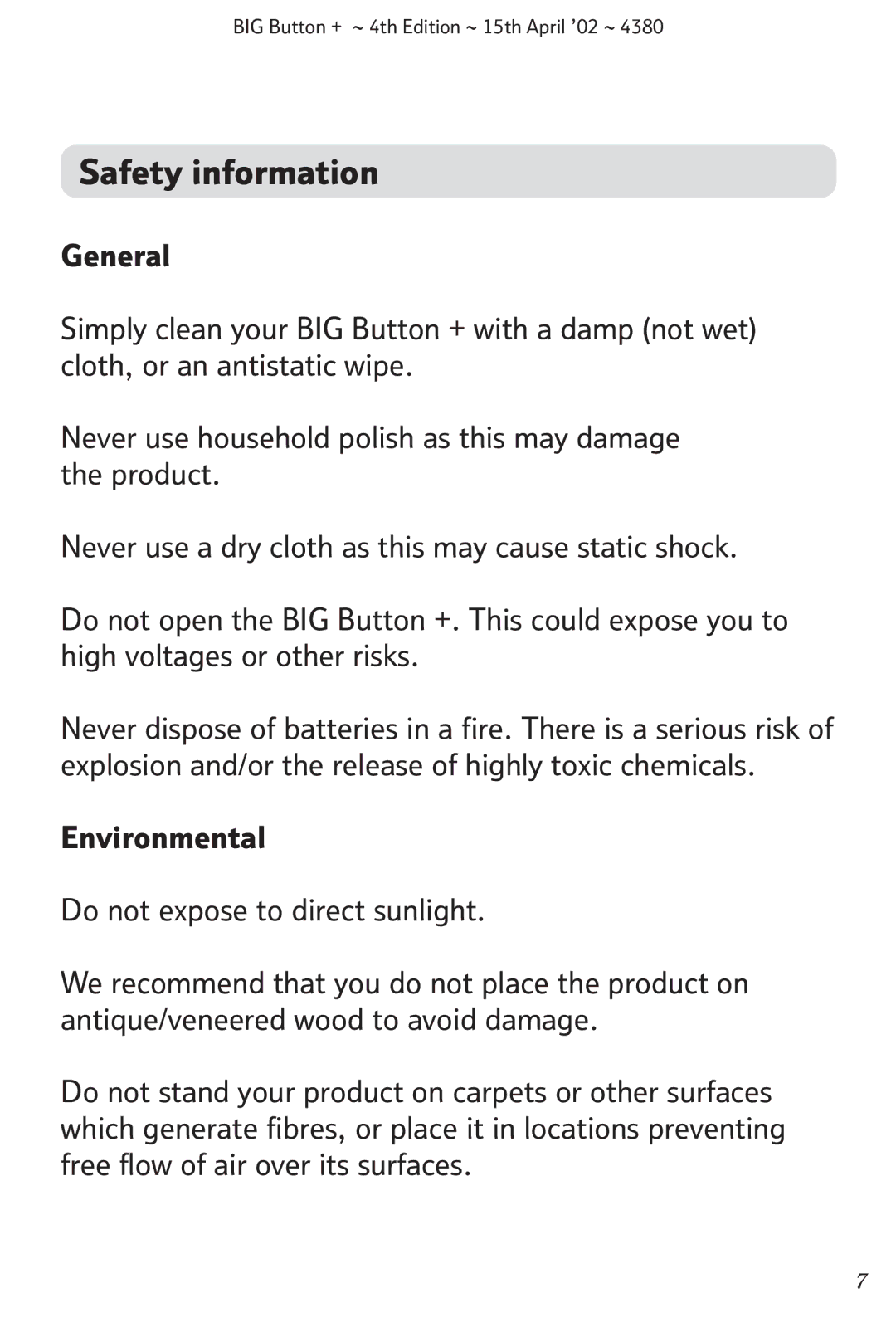 BT BIG Button + manual Safety information, Environmental Do not expose to direct sunlight 