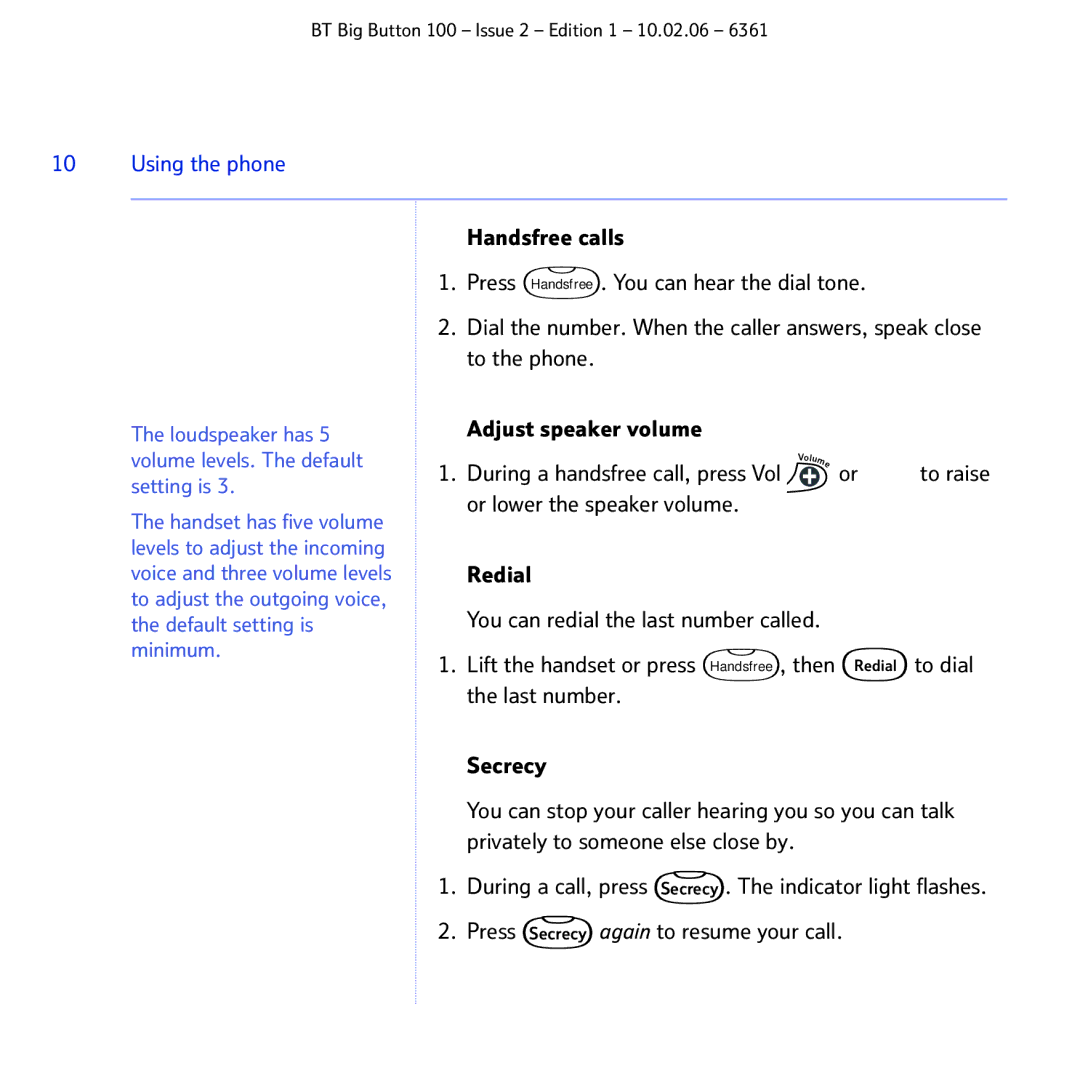 BT Big Button 100 manual Adjust speaker volume, To raise 
