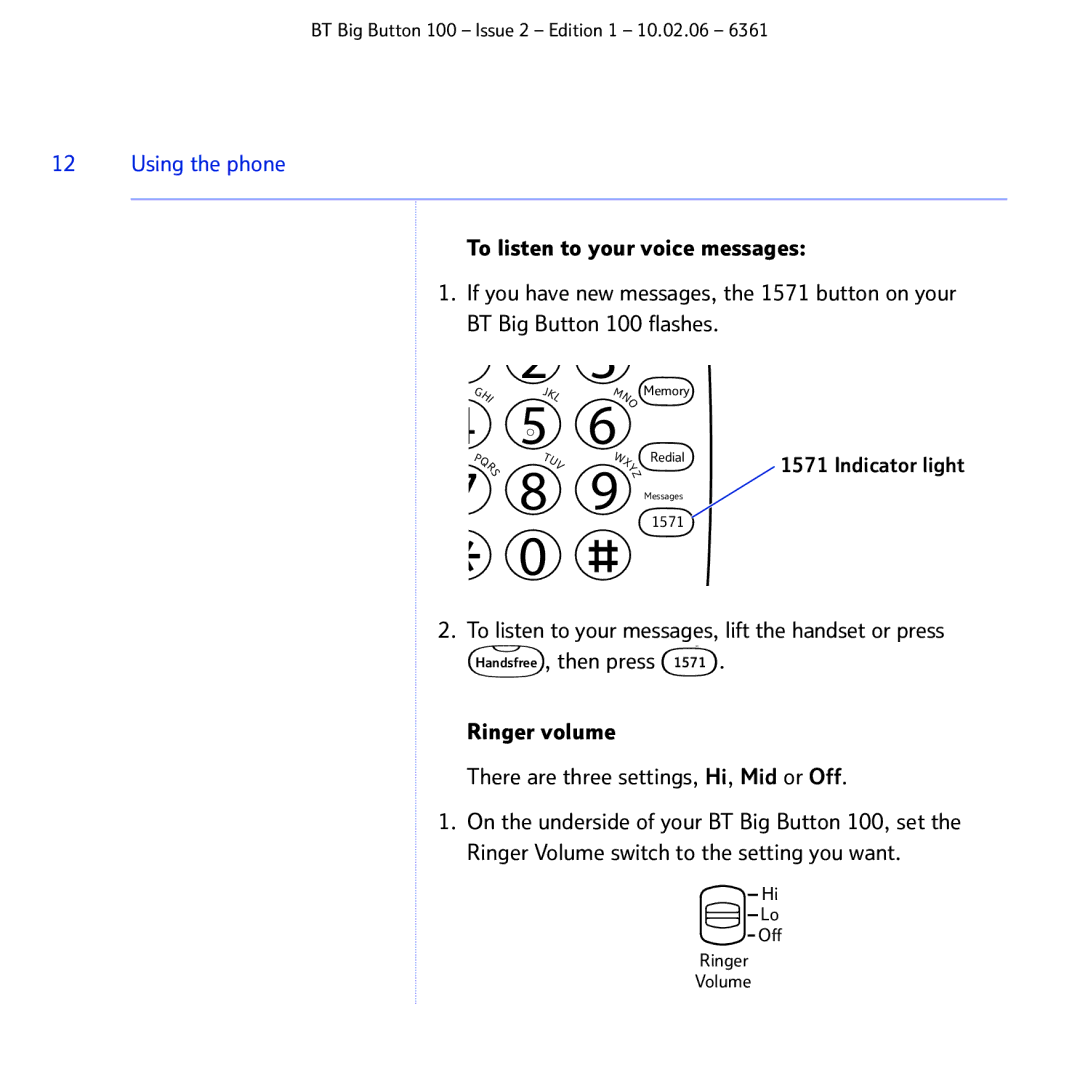 BT Big Button 100 manual Off Ringer Volume 