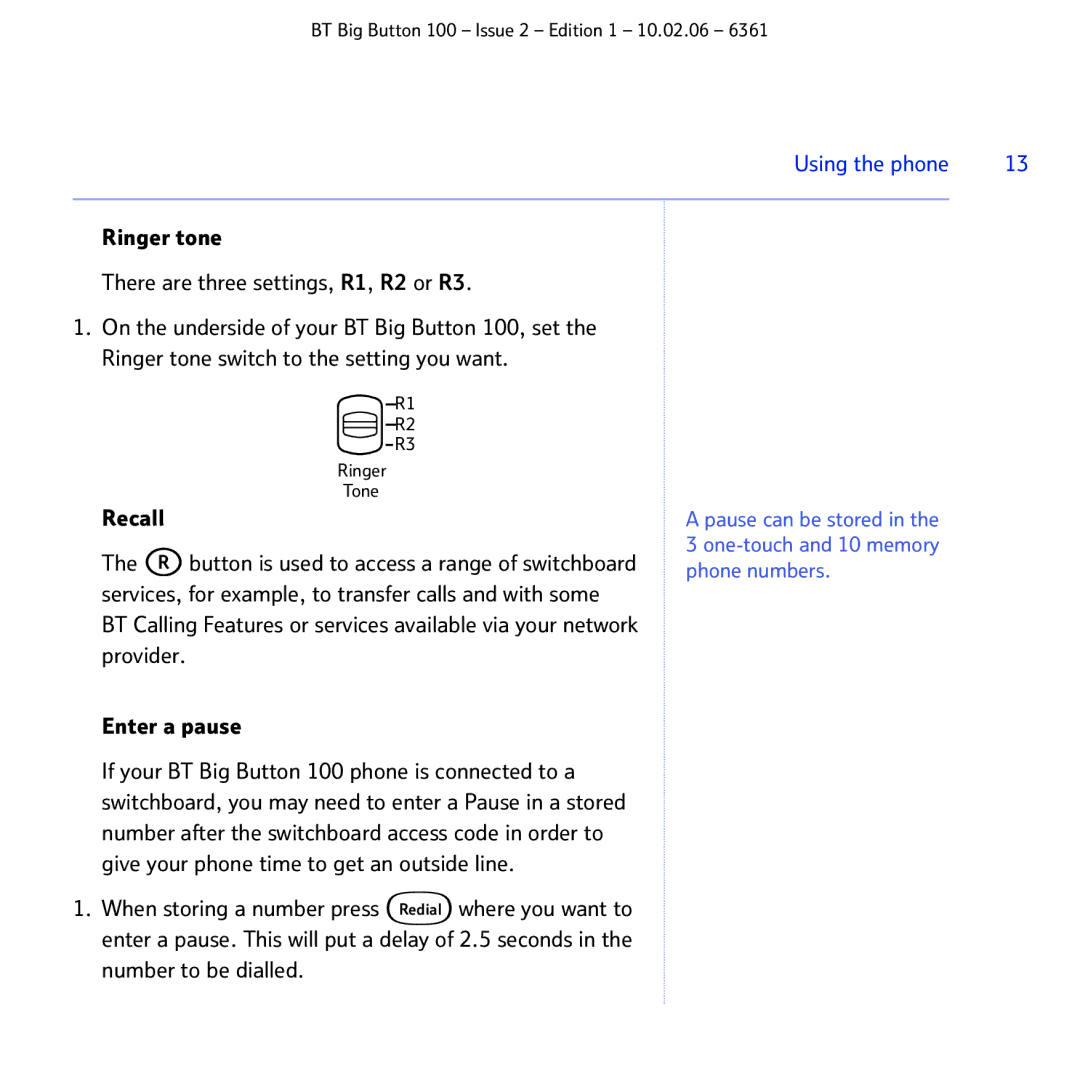 BT Big Button 100 manual Ringer Tone 