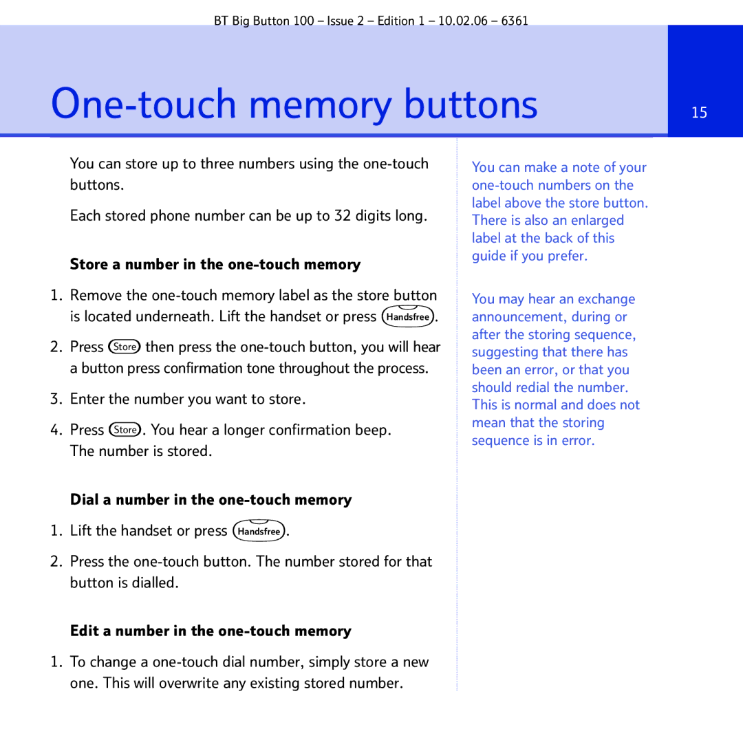 BT Big Button 100 manual One-touch memory buttons 