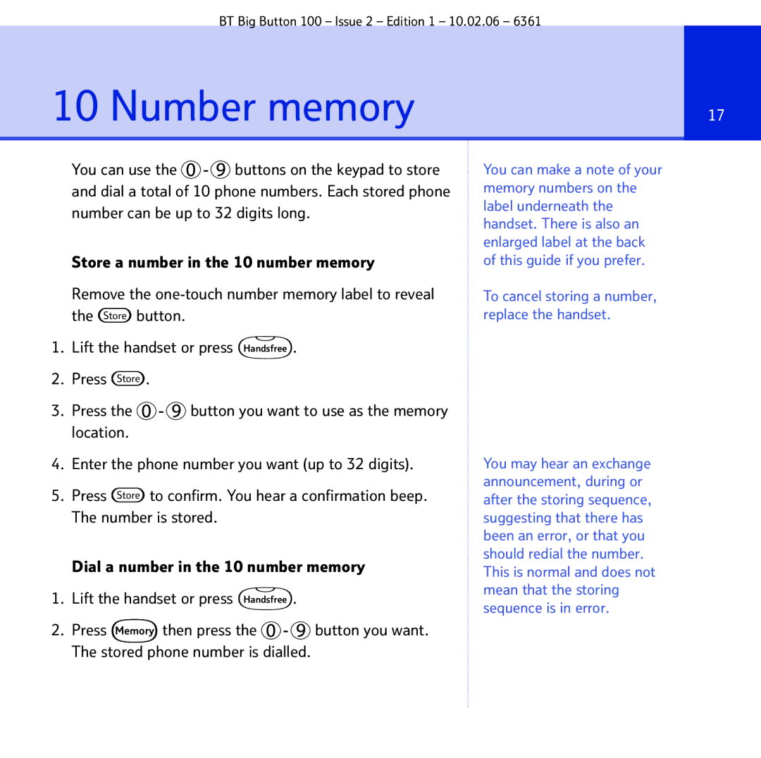 BT Big Button 100 manual Number memory 